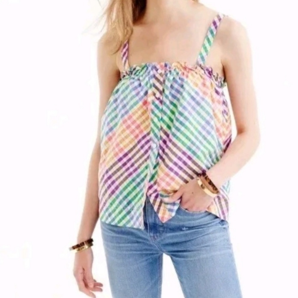 J.Crew Rainbow Gingham Plaid Ruffle Tank Top